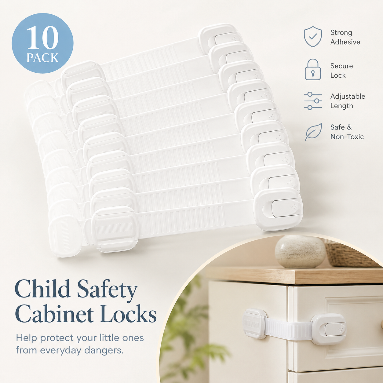 10-Pack Baby Proof Cabinet Locks with Adhesive Straps