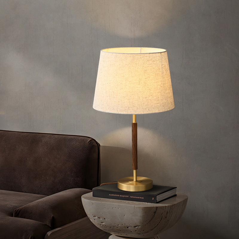 Contemporary Retro Brass Fabric Cylinder 1-Light Table Lamp For Bedside - Image 2