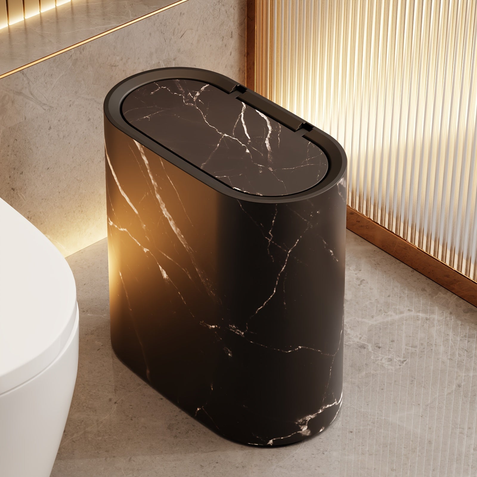 Bathroom Trash Can Lid Marble Pattern Compact Kitchen Bin - Image 7