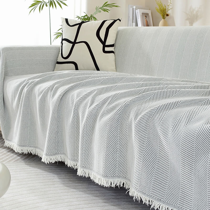 Herringbone Sofa Throw Soft Textured Blanket with Tassels