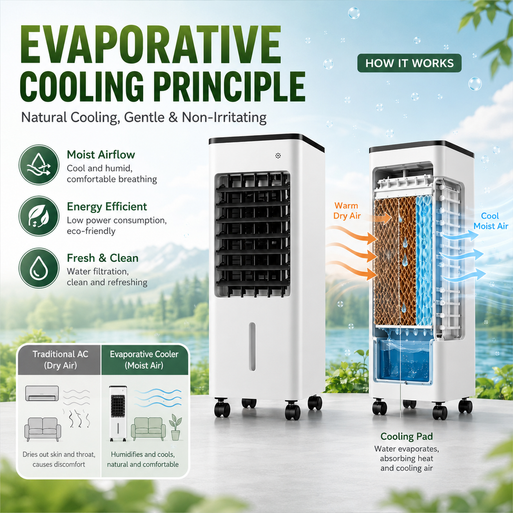 Portable Evaporative Air Cooler 3-in-1 Cooling, Fan, Humidifying