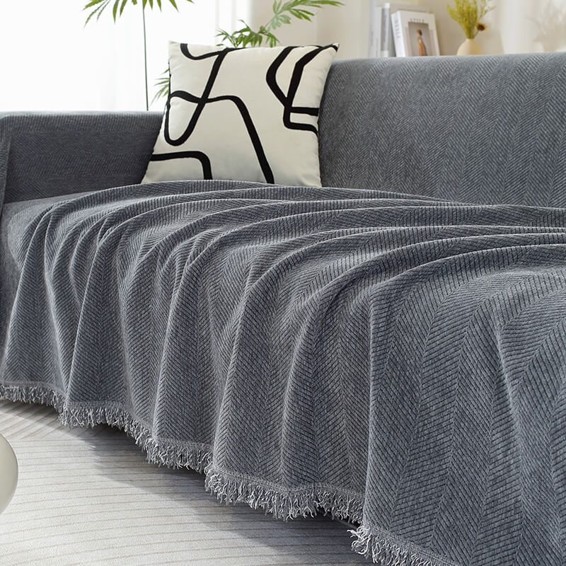 Herringbone Sofa Throw Soft Textured Blanket with Tassels