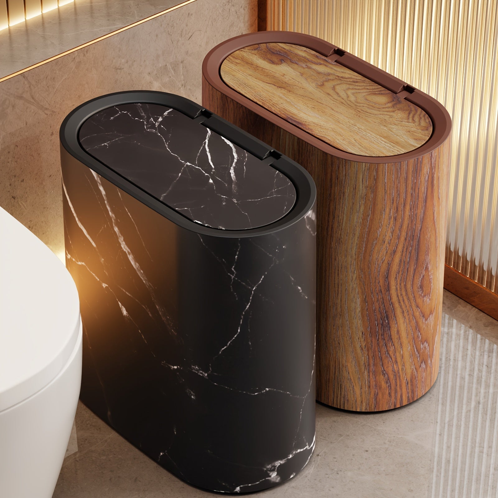 Bathroom Trash Can Lid Marble Pattern Compact Kitchen Bin