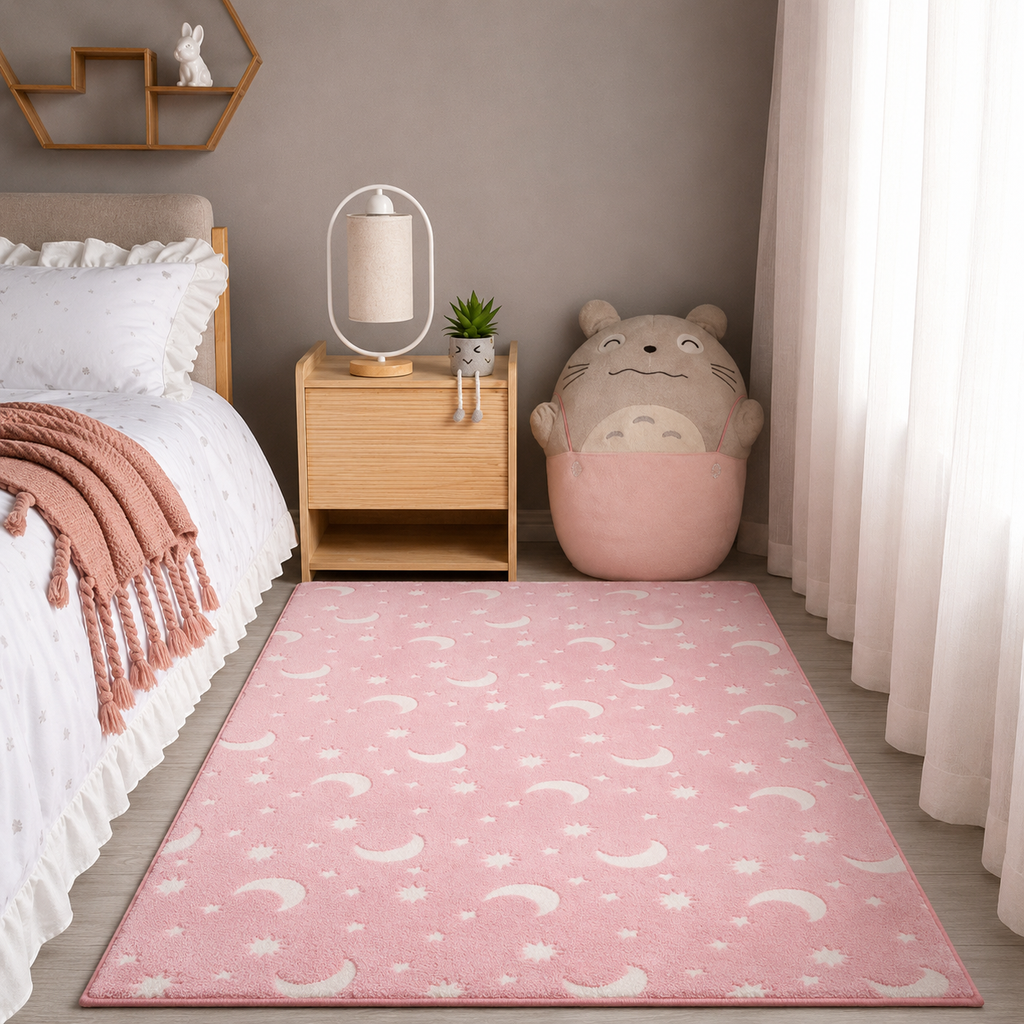 Magical Glow in the Dark Kids Rug with Moon and Star Design