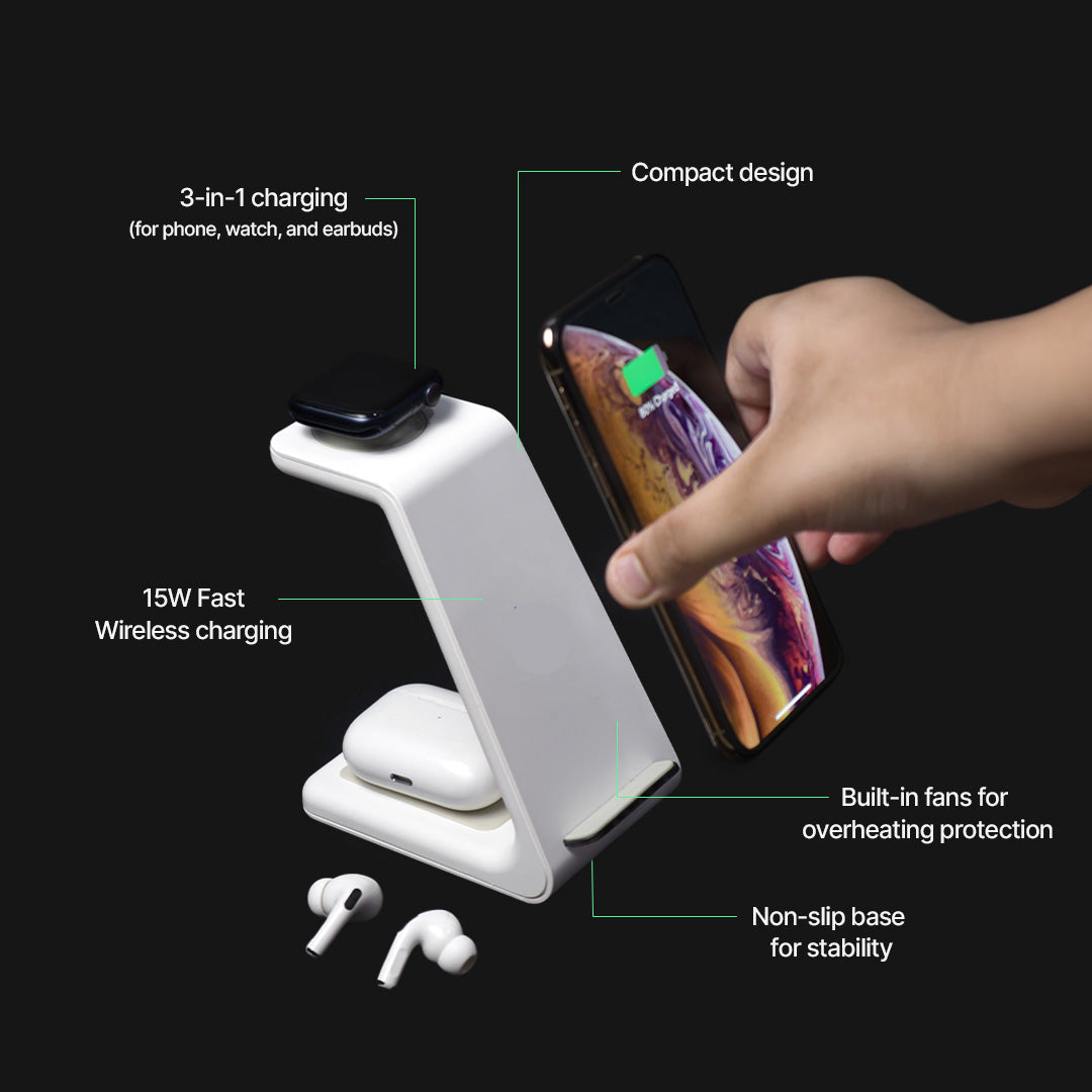 3‑in‑1 Wireless Charging Station for Phone, Watch & Earbuds