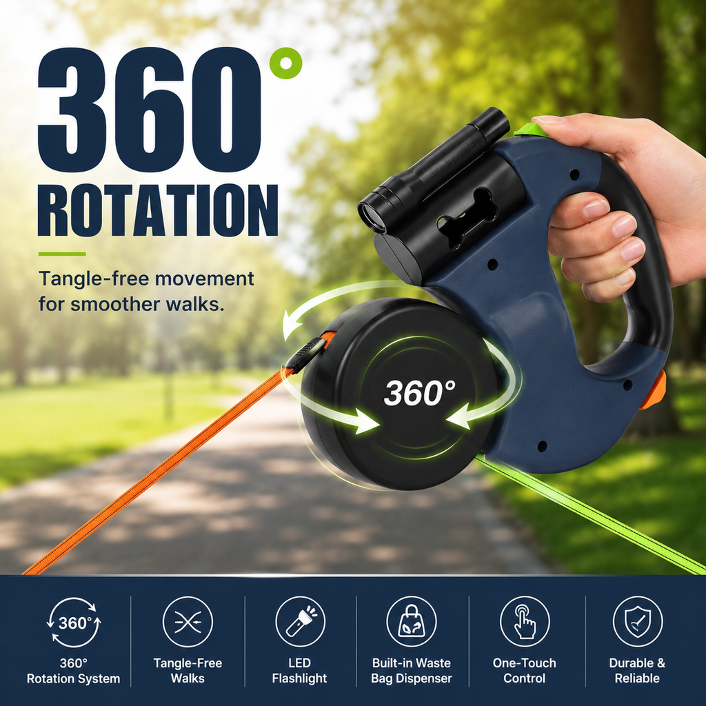 10FT Dual Retractable Dog Leash with Flashlight