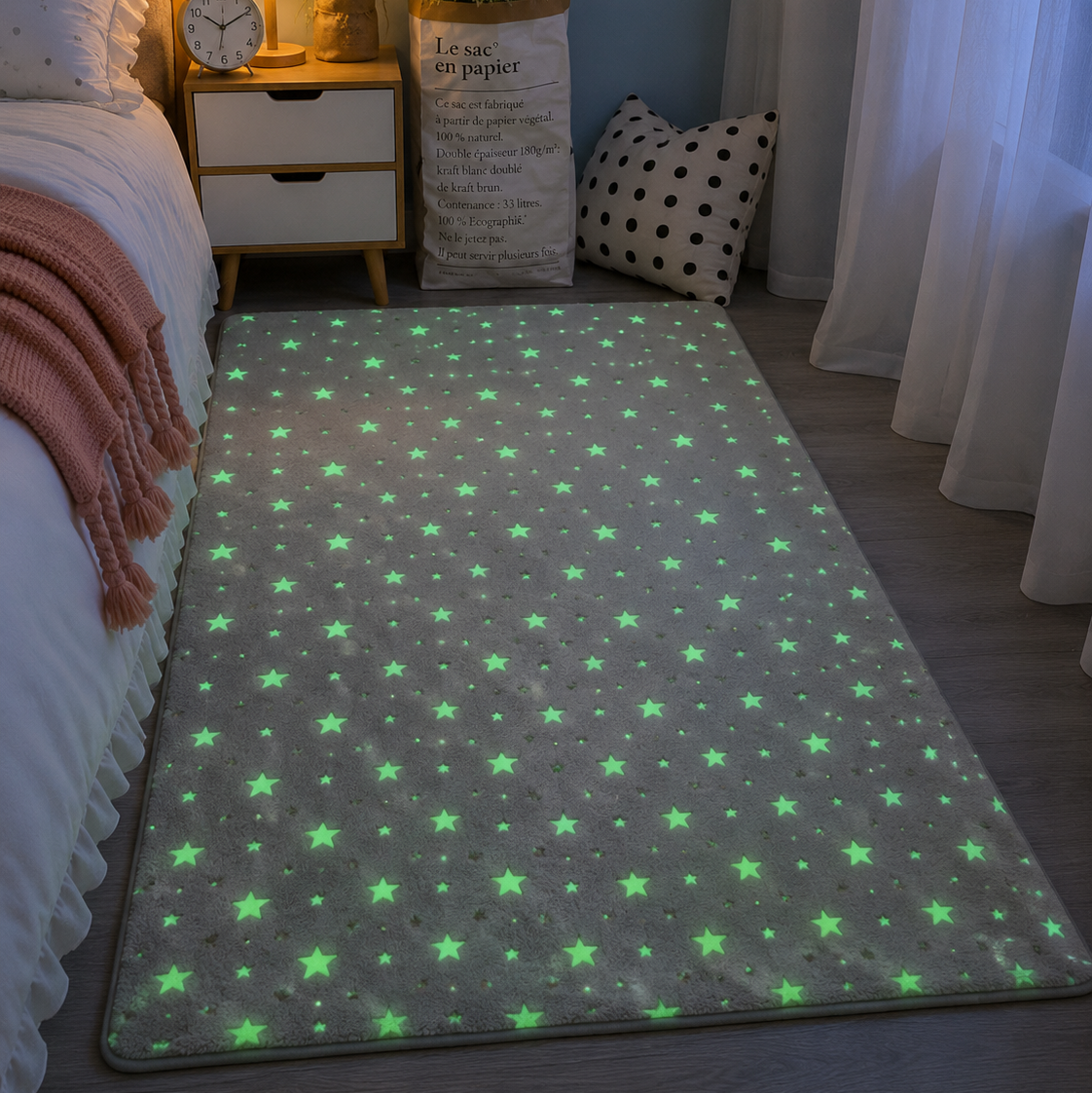 Magical Glow in the Dark Kids Rug with Moon and Star Design