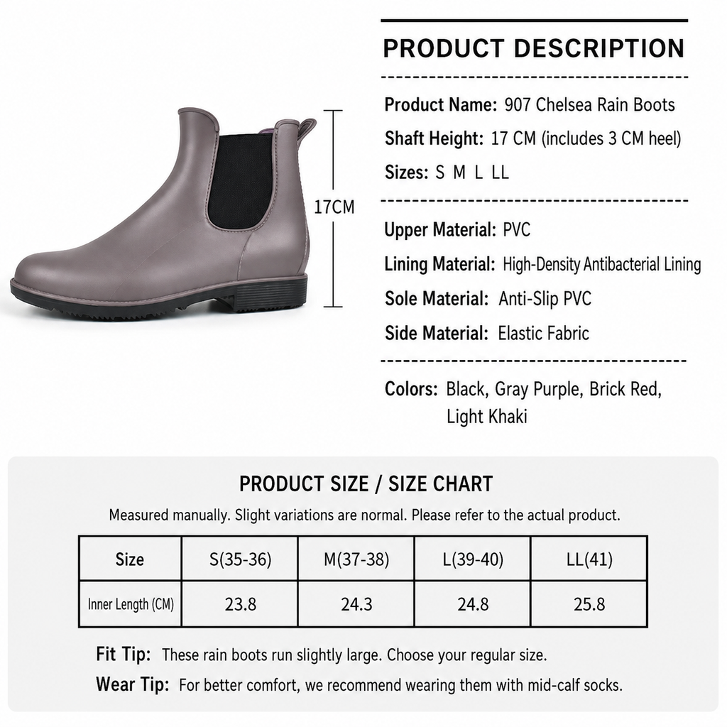 Women's Chelsea Rain Boots Waterproof Slip-On Ankle Booties Non-Slip