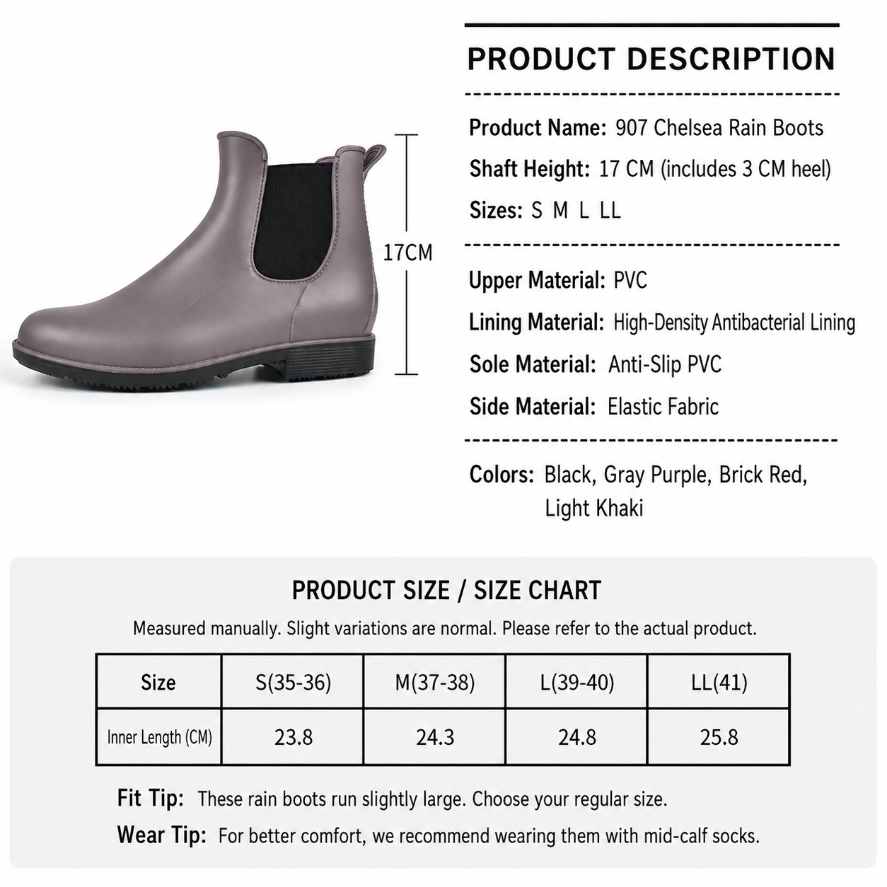 Women's Chelsea Rain Boots Waterproof Slip-On Ankle Booties Non-Slip