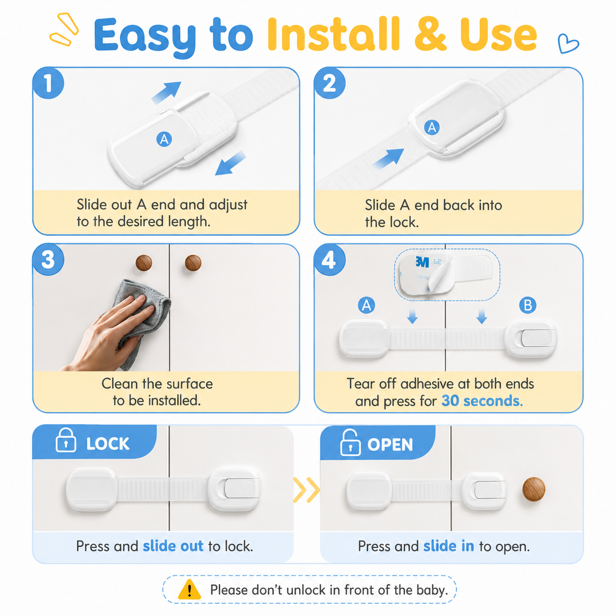 10-Pack Baby Proof Cabinet Locks with Adhesive Straps