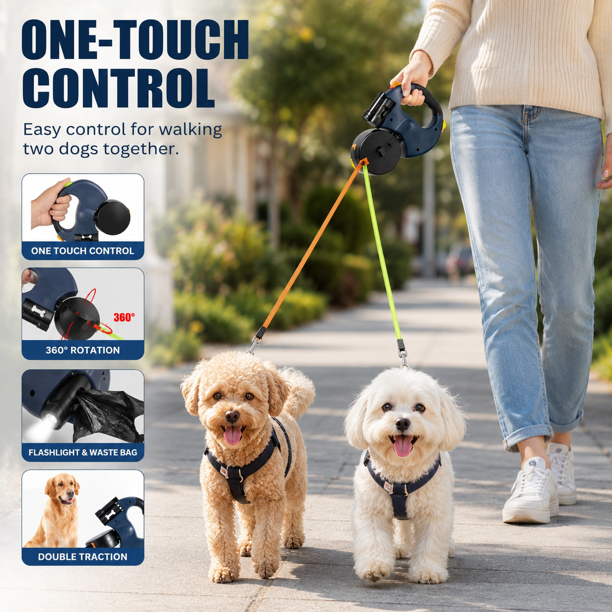10FT Dual Retractable Dog Leash with Flashlight