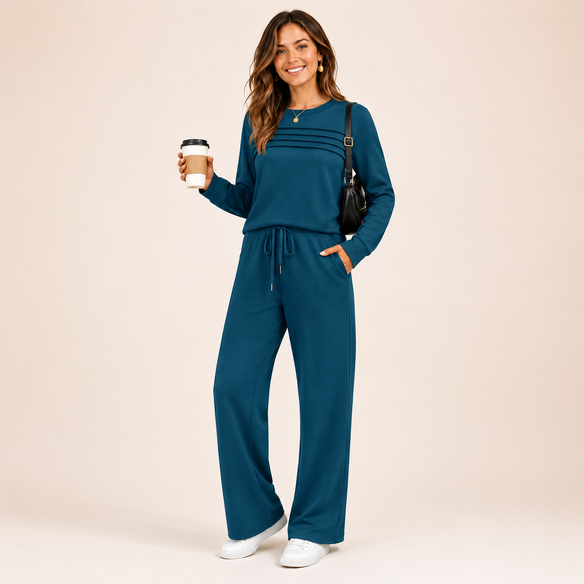 Women's 2 Piece Lounge Set Crew Neck Top Drawstring Pants