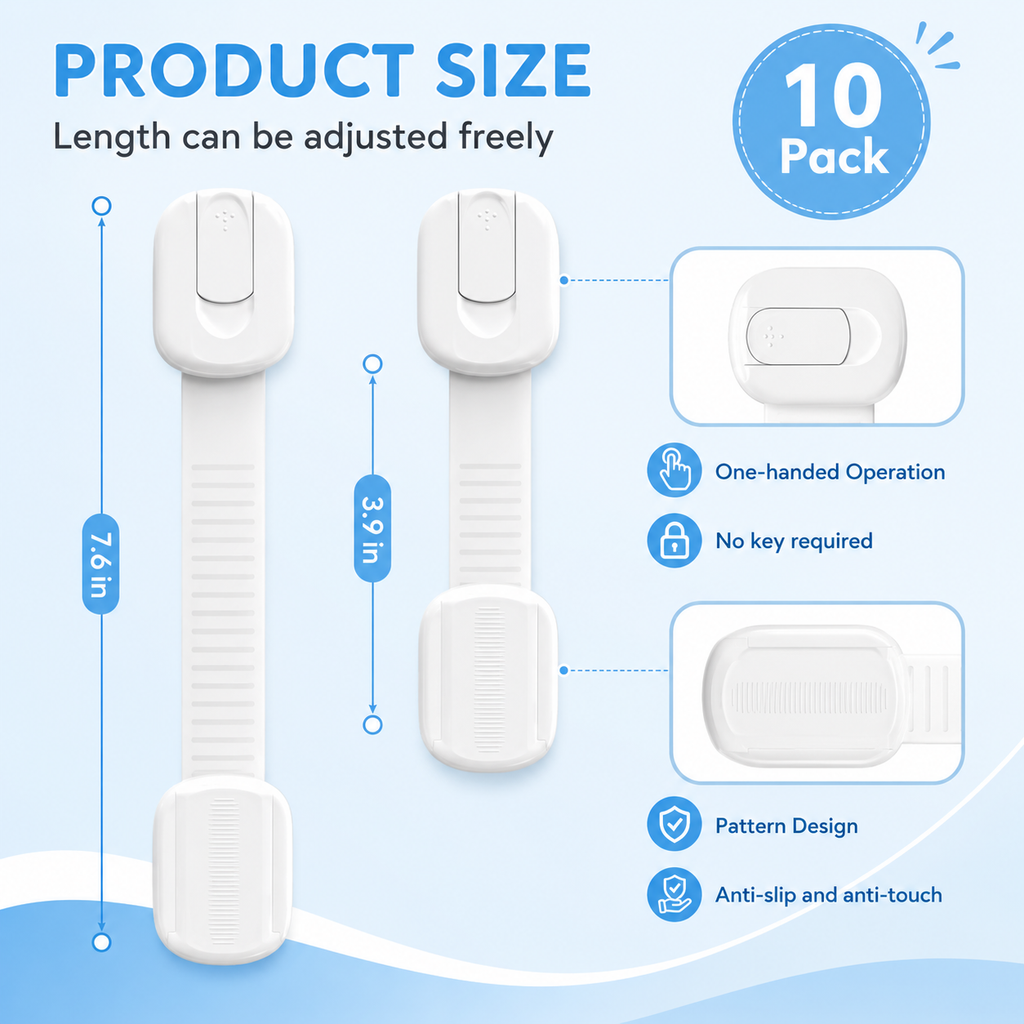 10-Pack Baby Proof Cabinet Locks with Adhesive Straps