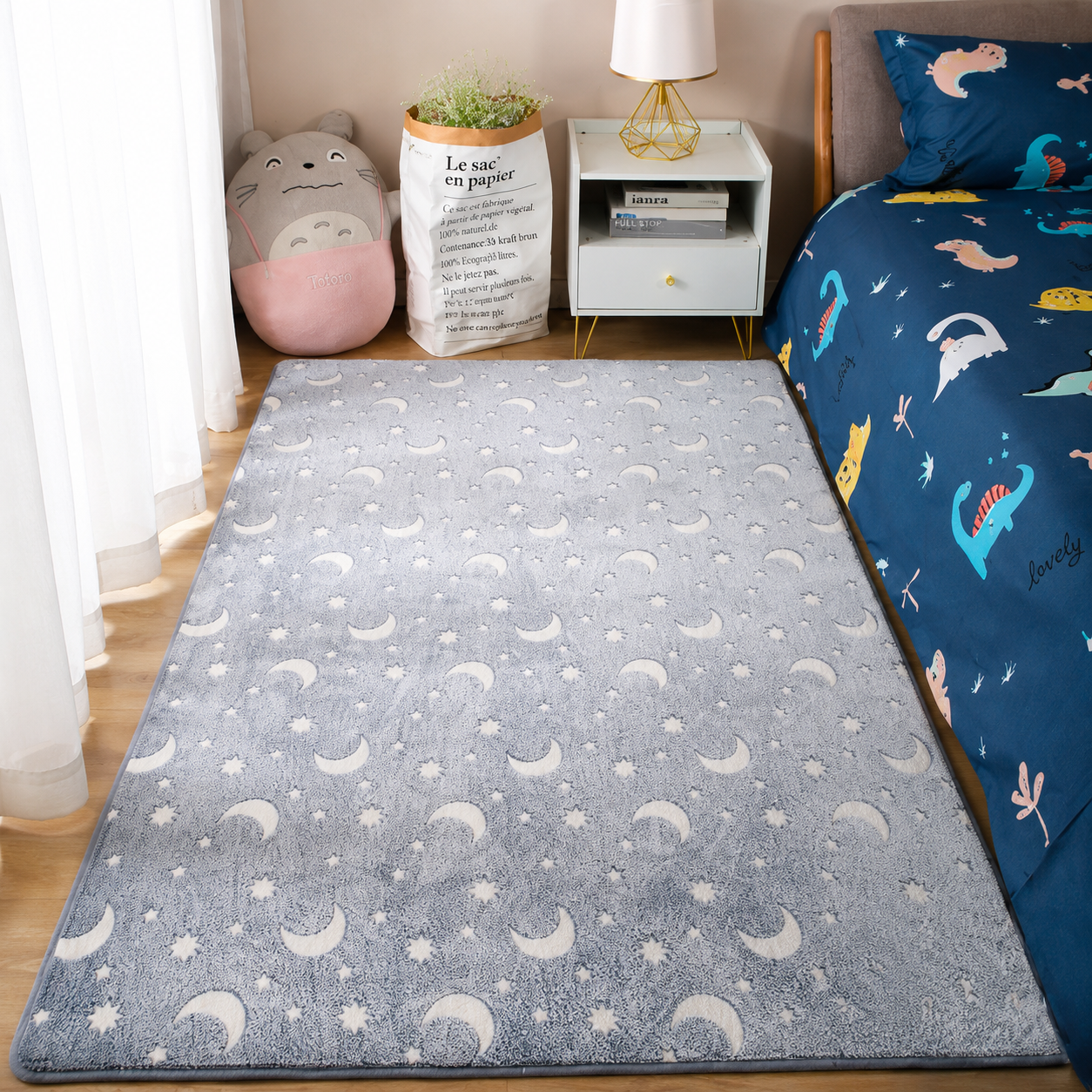 Magical Glow in the Dark Kids Rug with Moon and Star Design
