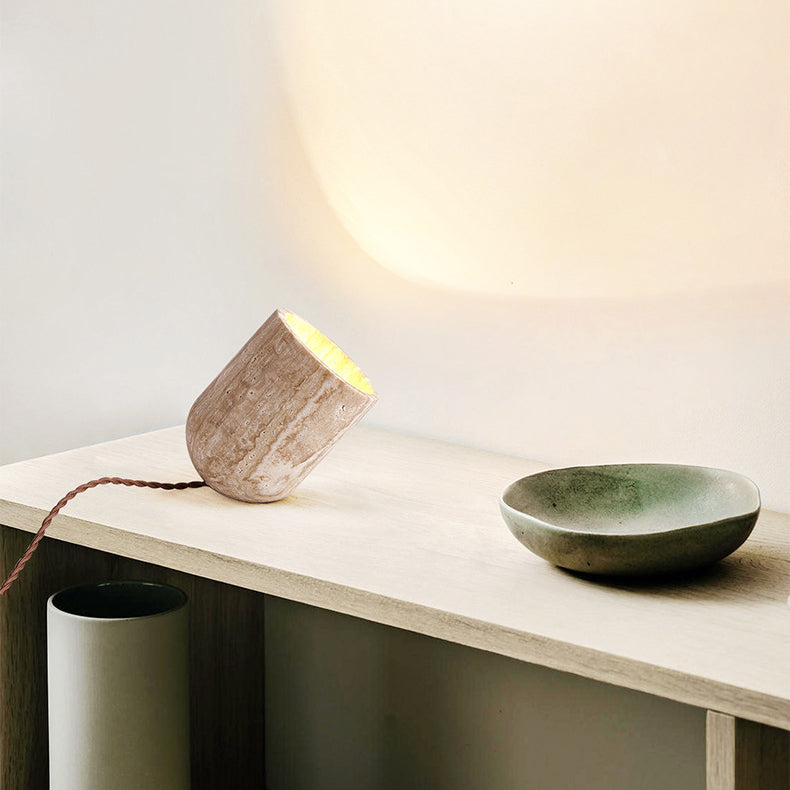 Traditional Japanese Travertine Handmade Cylinder 1-Light Table Lamp For Bedside - Image 3