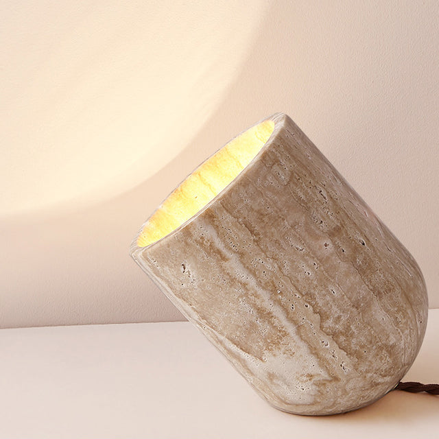 Traditional Japanese Travertine Handmade Cylinder 1-Light Table Lamp For Bedside - Image 2