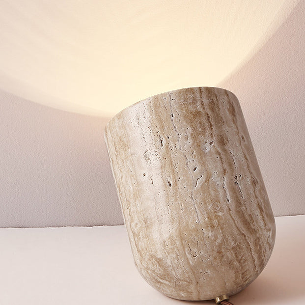Traditional Japanese Travertine Handmade Cylinder 1-Light Table Lamp For Bedside - Image 9