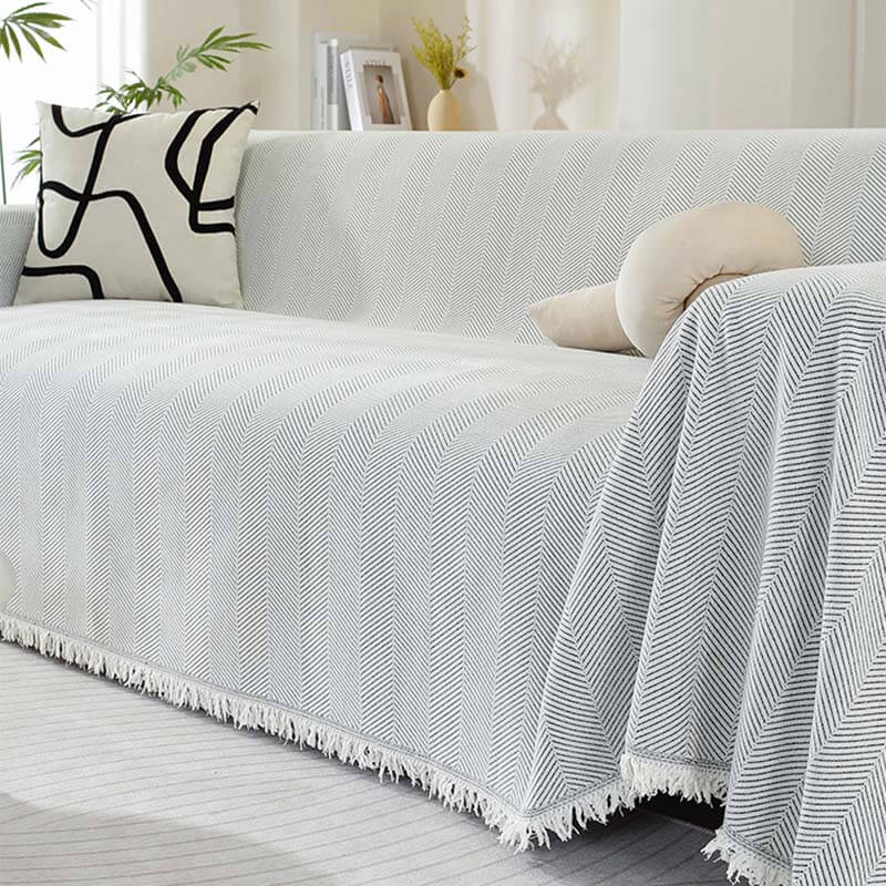 Herringbone Sofa Throw Soft Textured Blanket with Tassels