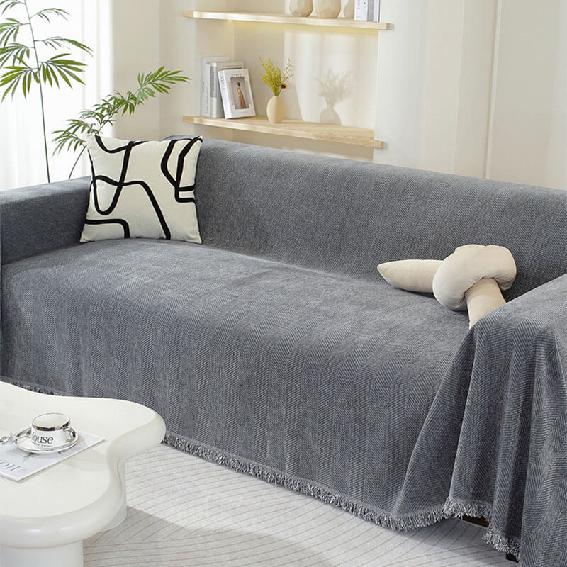 Herringbone Sofa Throw Soft Textured Blanket with Tassels