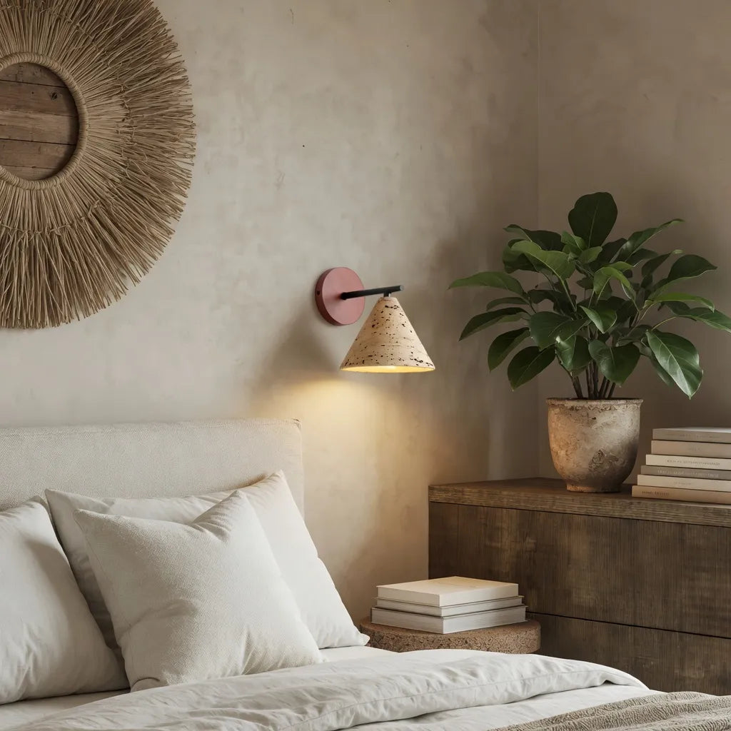Organic Modern Cone Travertine Wall Sconce Wood Backplate - Image 10