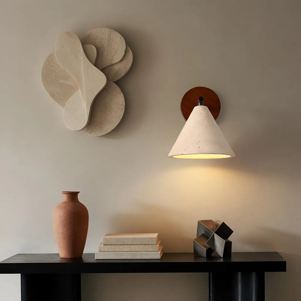 Organic Modern Cone Travertine Wall Sconce Wood Backplate - Image 12