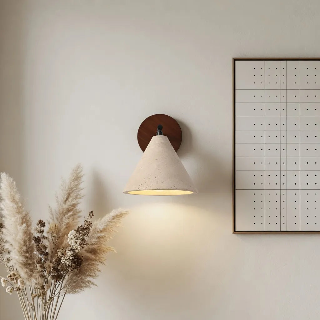 Organic Modern Cone Travertine Wall Sconce Wood Backplate - Image 13