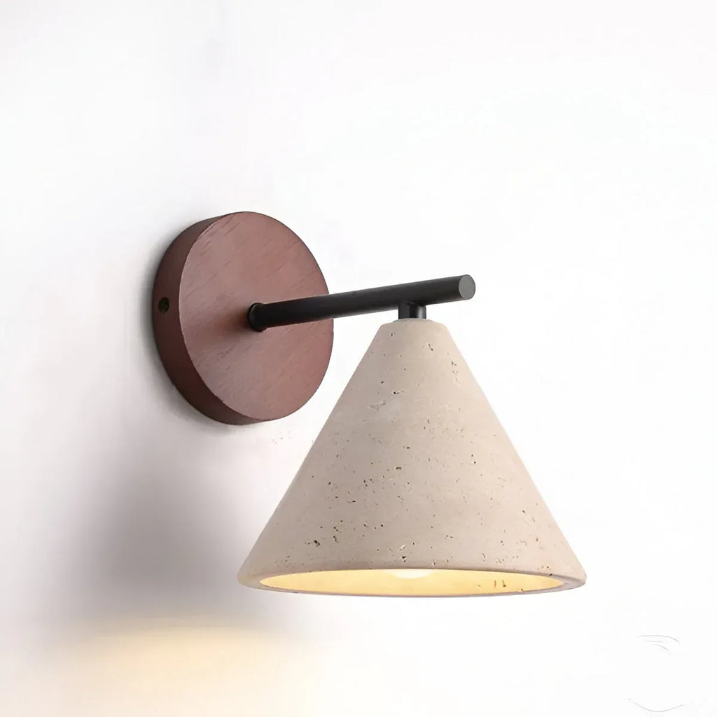 Organic Modern Cone Travertine Wall Sconce Wood Backplate