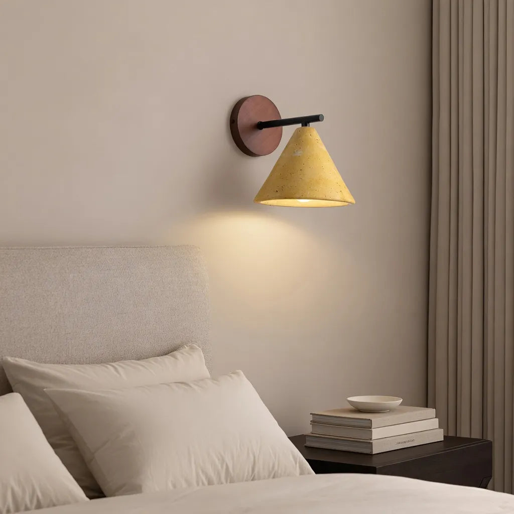 Organic Modern Cone Travertine Wall Sconce Wood Backplate - Image 7