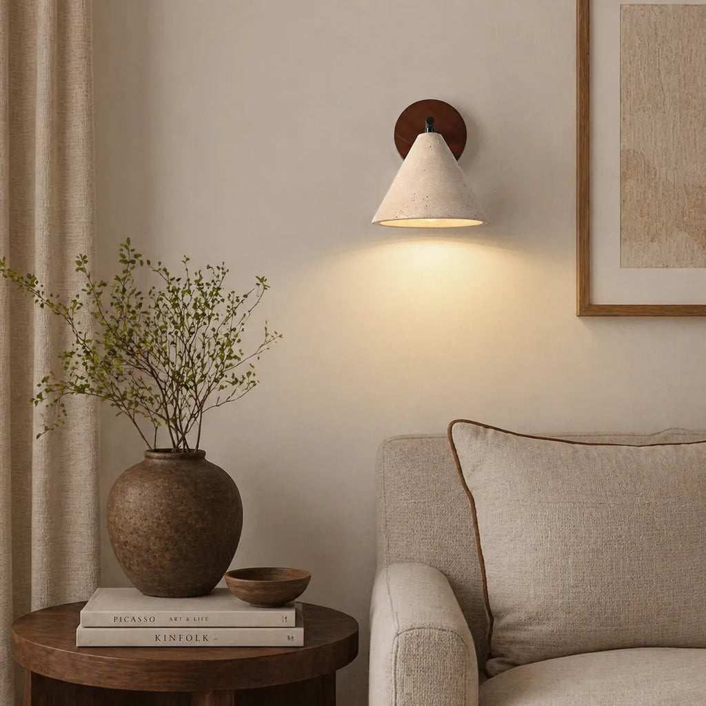 Organic Modern Cone Travertine Wall Sconce Wood Backplate - Image 8