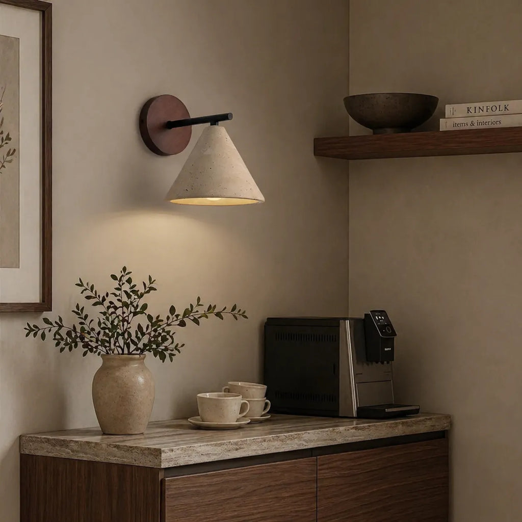 Organic Modern Cone Travertine Wall Sconce Wood Backplate - Image 9