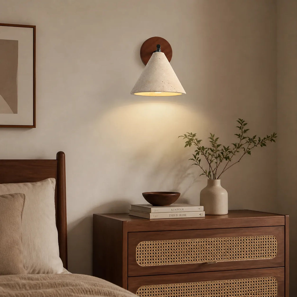 Organic Modern Cone Travertine Wall Sconce Wood Backplate - Image 6