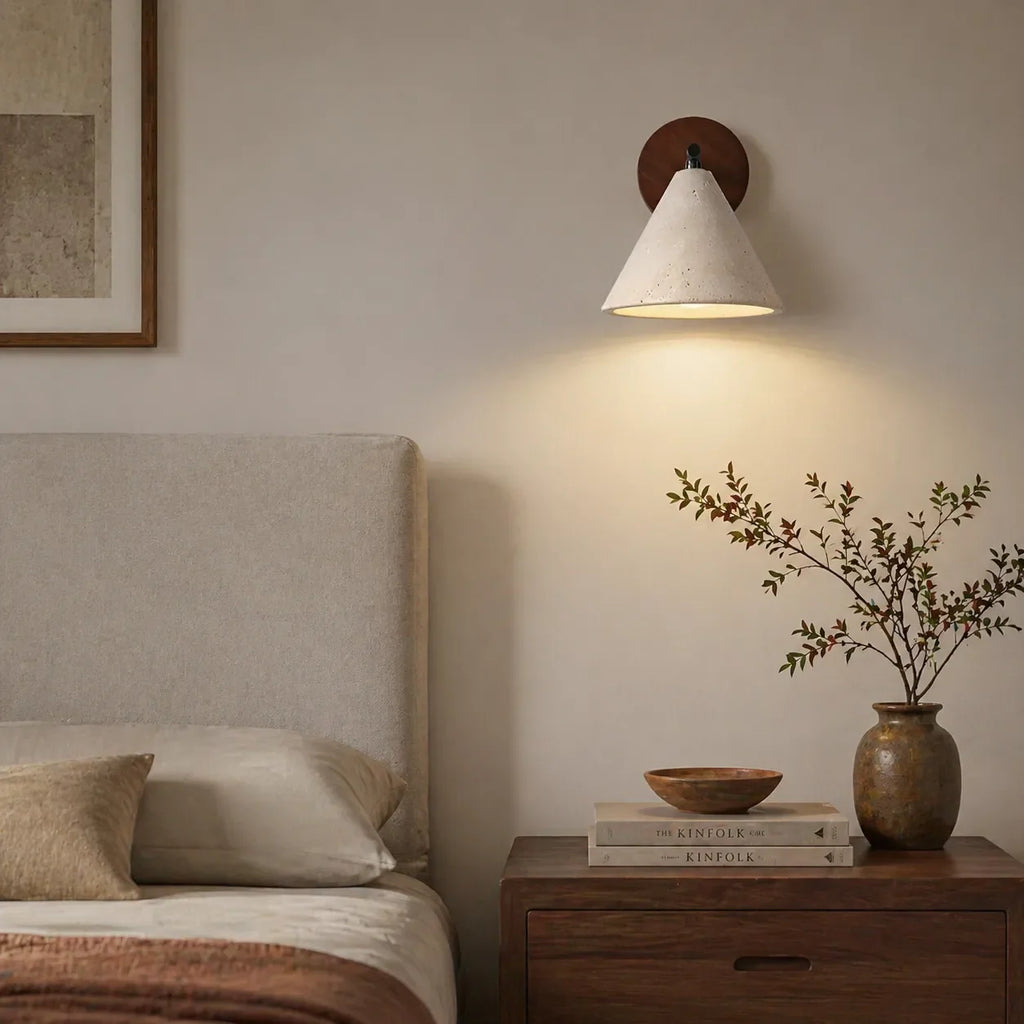Organic Modern Cone Travertine Wall Sconce Wood Backplate - Image 5