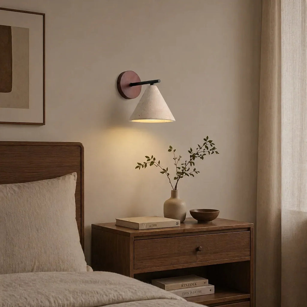 Organic Modern Cone Travertine Wall Sconce Wood Backplate - Image 3