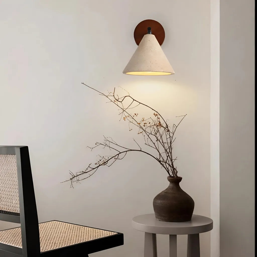Organic Modern Cone Travertine Wall Sconce Wood Backplate - Image 11