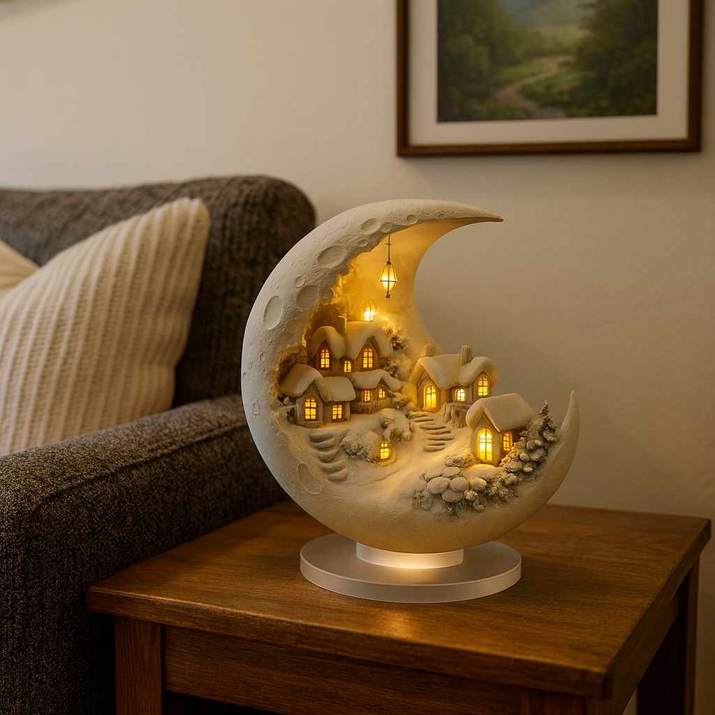 Crescent Moon Acrylic Table Lamp Winter Village Scene - Image 2