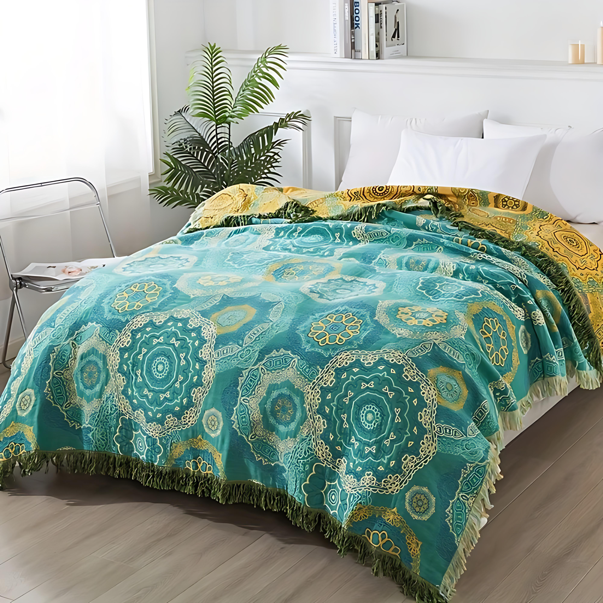 Farbmandala: Atmungsaktive Baumwolldecke mit teal-goldenem Muster & Boho-Stil – für Couch & Bett - Image 2