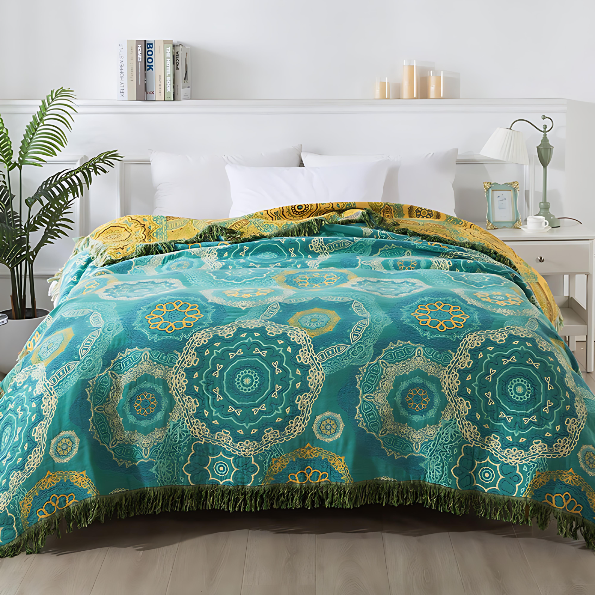 Farbmandala: Atmungsaktive Baumwolldecke mit teal-goldenem Muster & Boho-Stil – für Couch & Bett