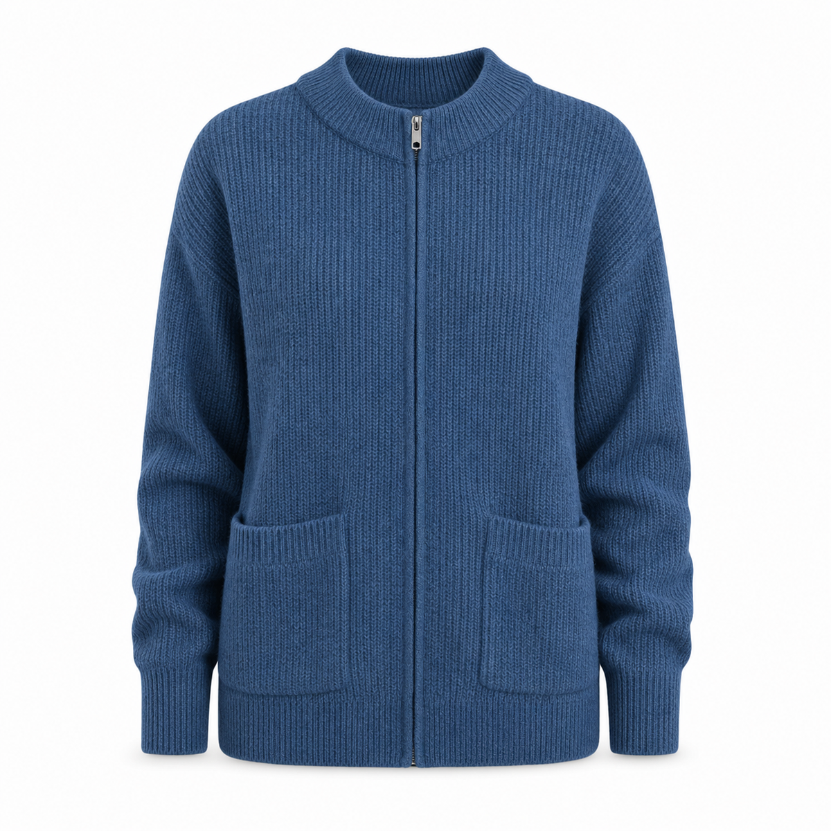 Women's Zip Up Knit Jacket Cozy Round Neck Sweater Pockets