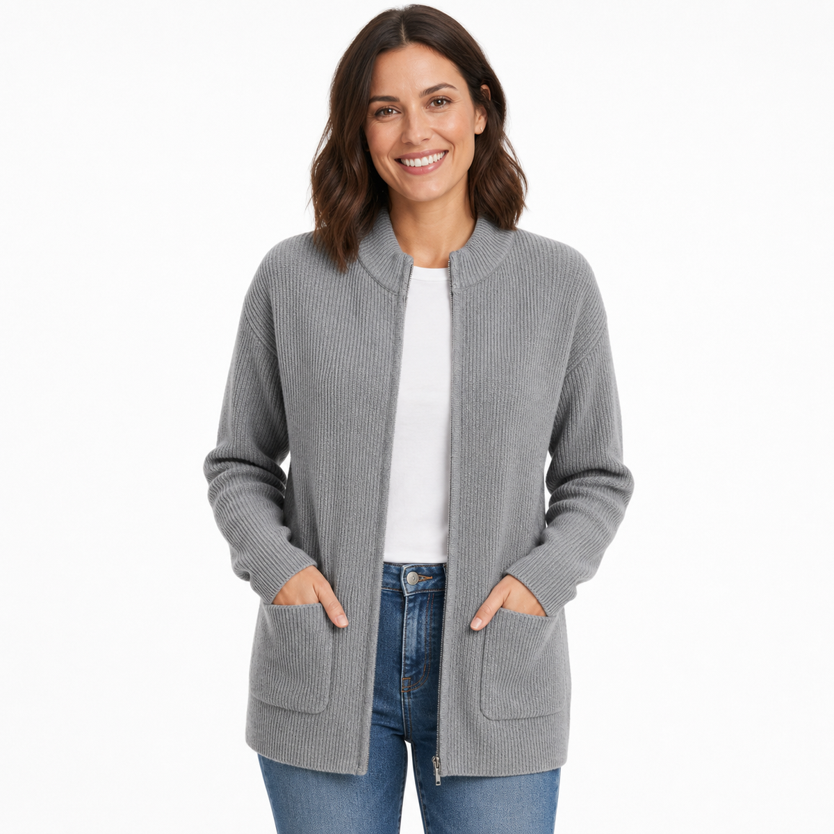 Women's Zip Up Knit Jacket Cozy Round Neck Sweater Pockets