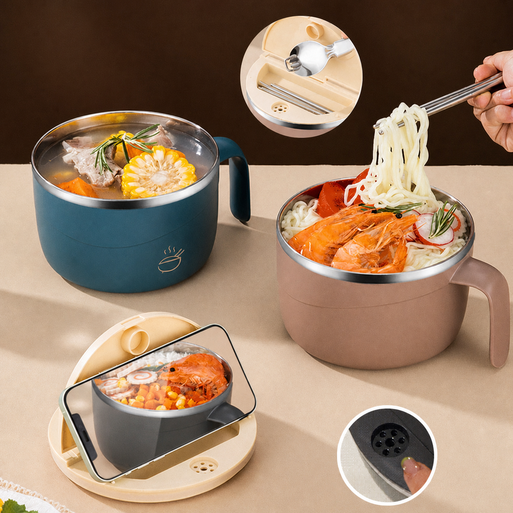 Stainless Steel Ramen Bowl Drain Lid Insulated Anti-Scald 1200ml