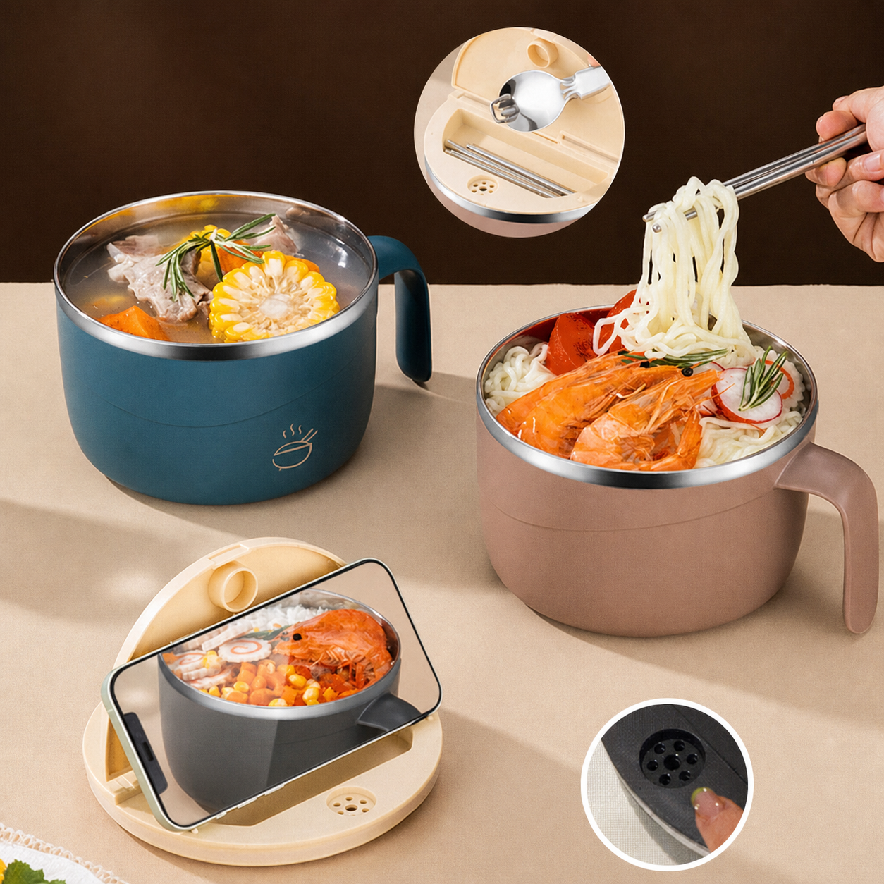 Stainless Steel Ramen Bowl Drain Lid Insulated Anti-Scald 1200ml