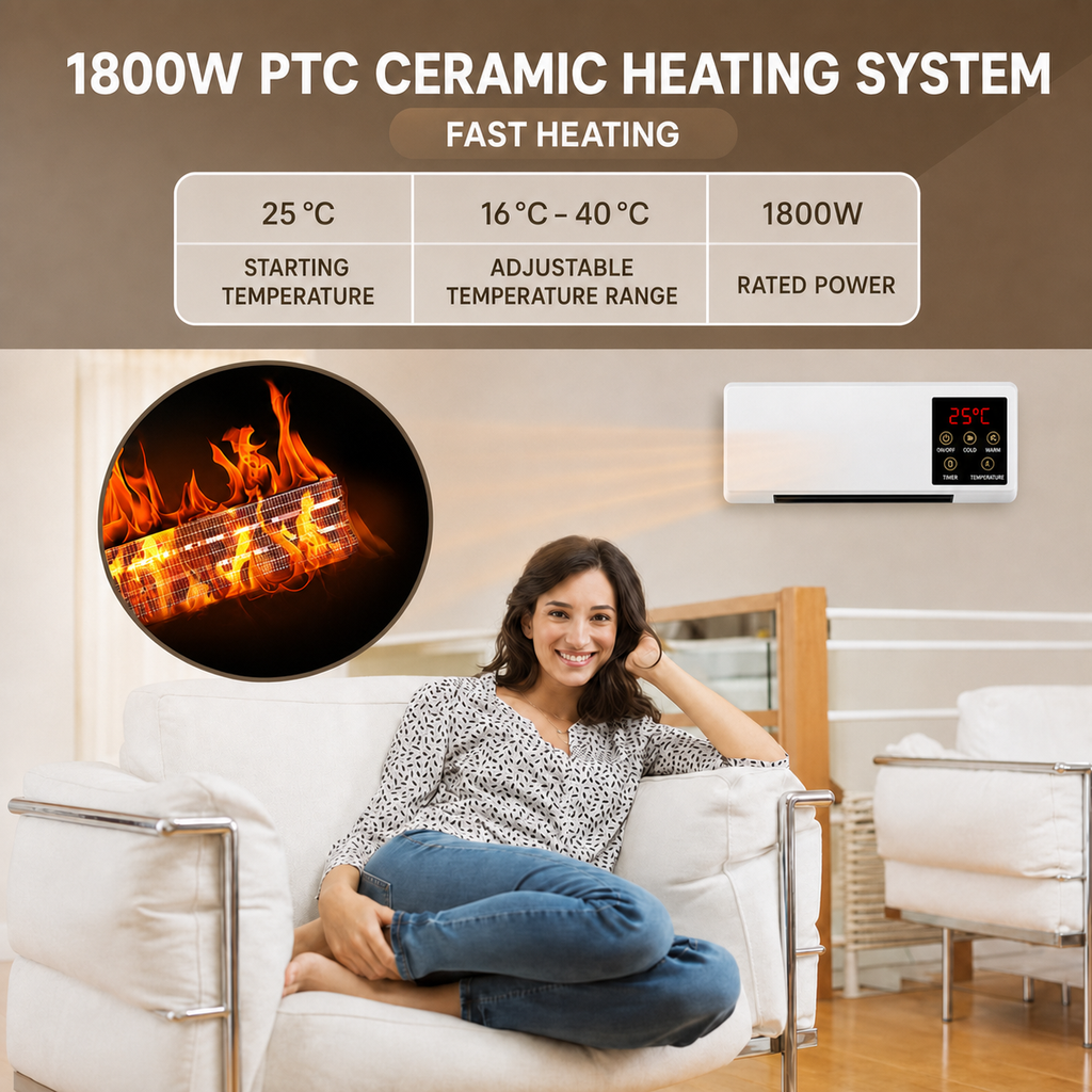 Wall Mounted Heater Fan Combo 2-in-1 Space Saving PTC Ceramic Remote