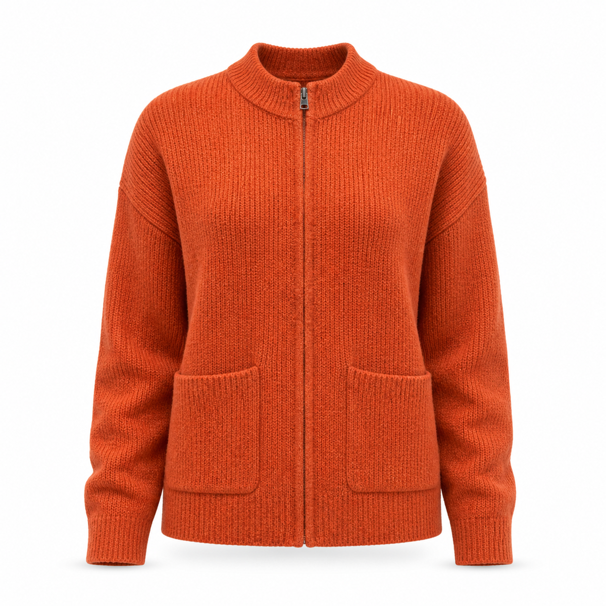 Women's Zip Up Knit Jacket Cozy Round Neck Sweater Pockets