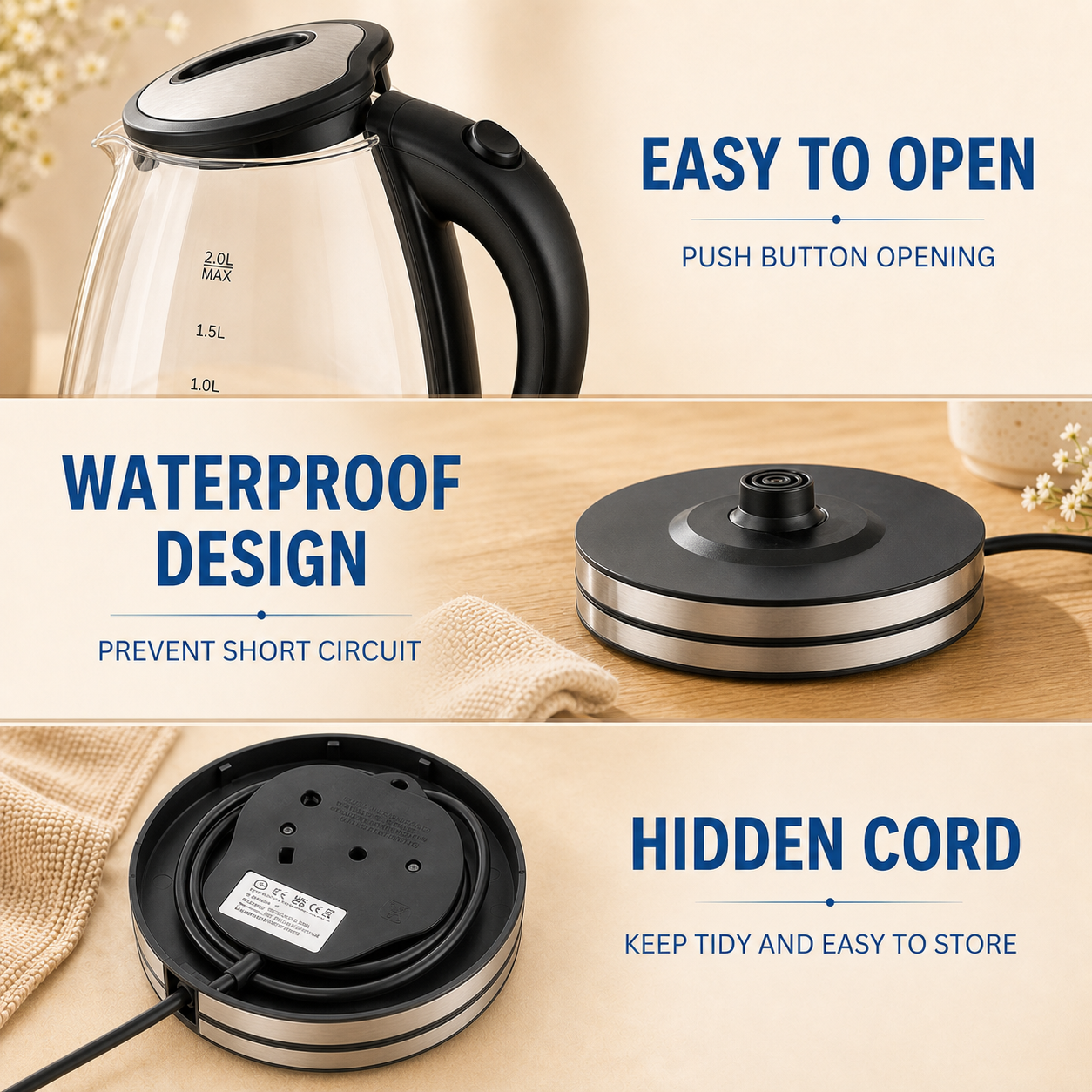 2.0L Electric Glass Kettle with LED Illumination