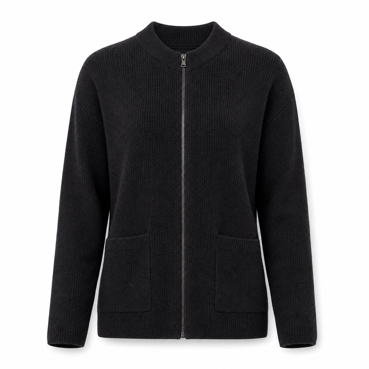 Women's Zip Up Knit Jacket Cozy Round Neck Sweater Pockets