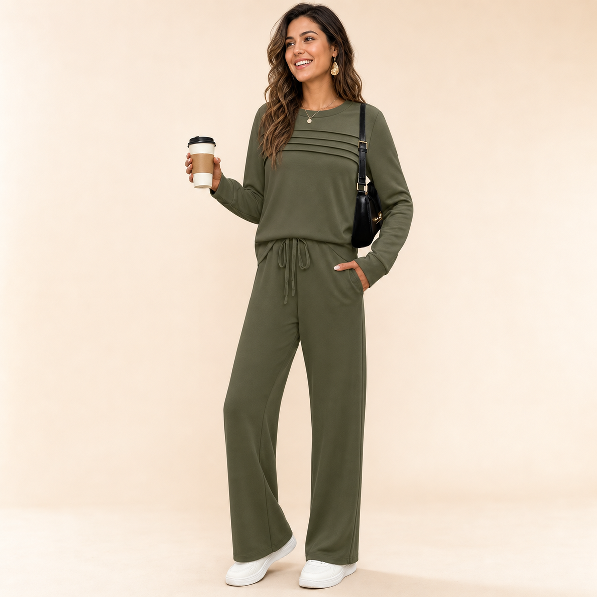 Women's 2 Piece Lounge Set Crew Neck Top Drawstring Pants