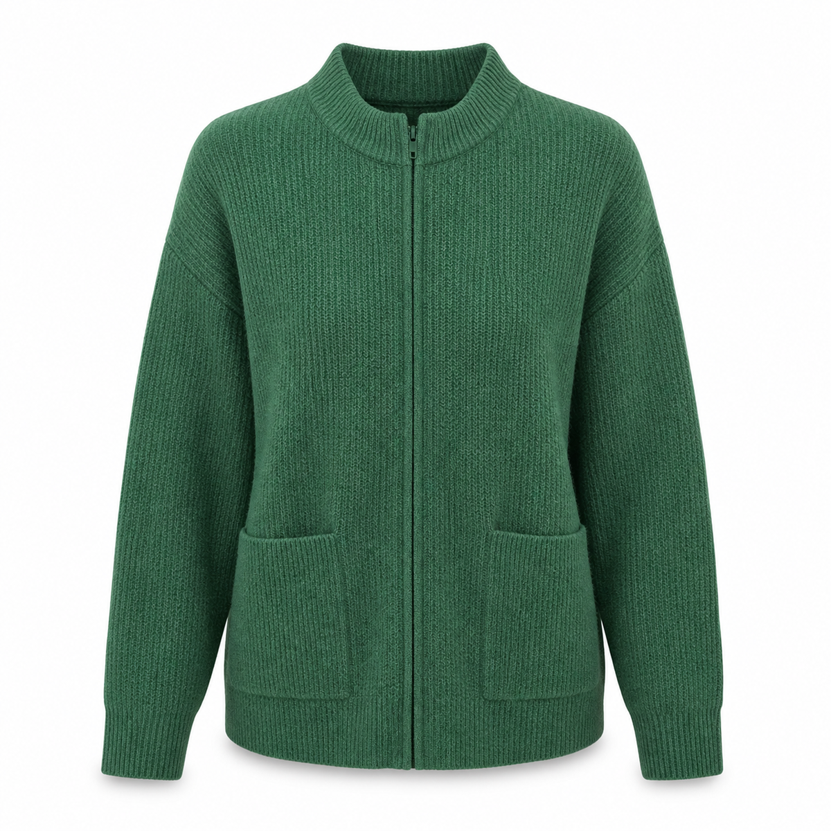Women's Zip Up Knit Jacket Cozy Round Neck Sweater Pockets