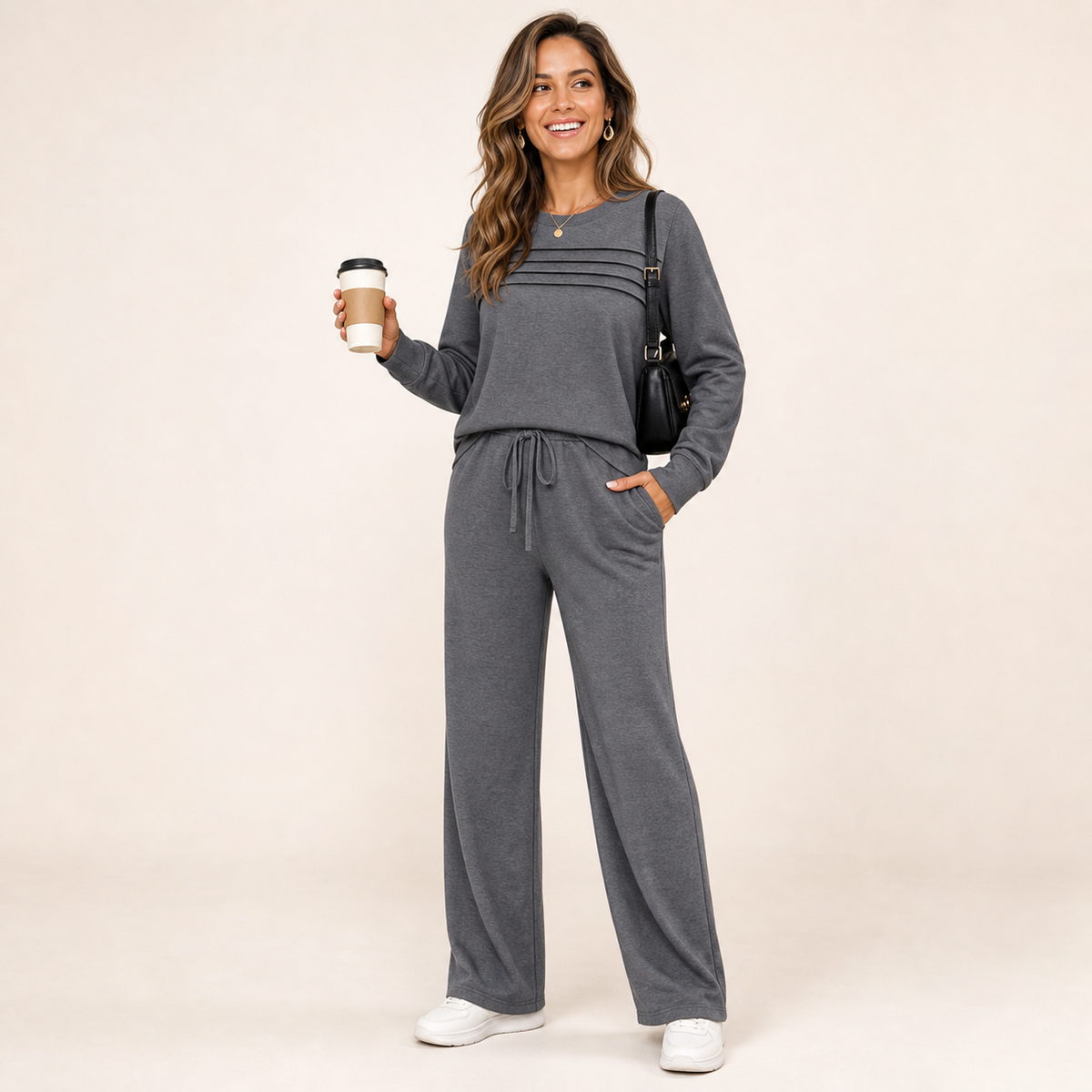 Women's 2 Piece Lounge Set Crew Neck Top Drawstring Pants
