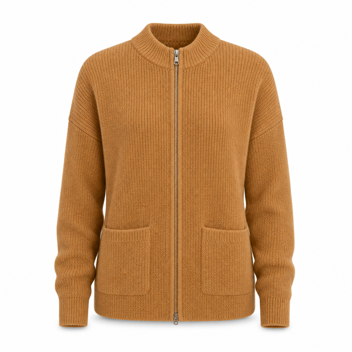 Women's Zip Up Knit Jacket Cozy Round Neck Sweater Pockets