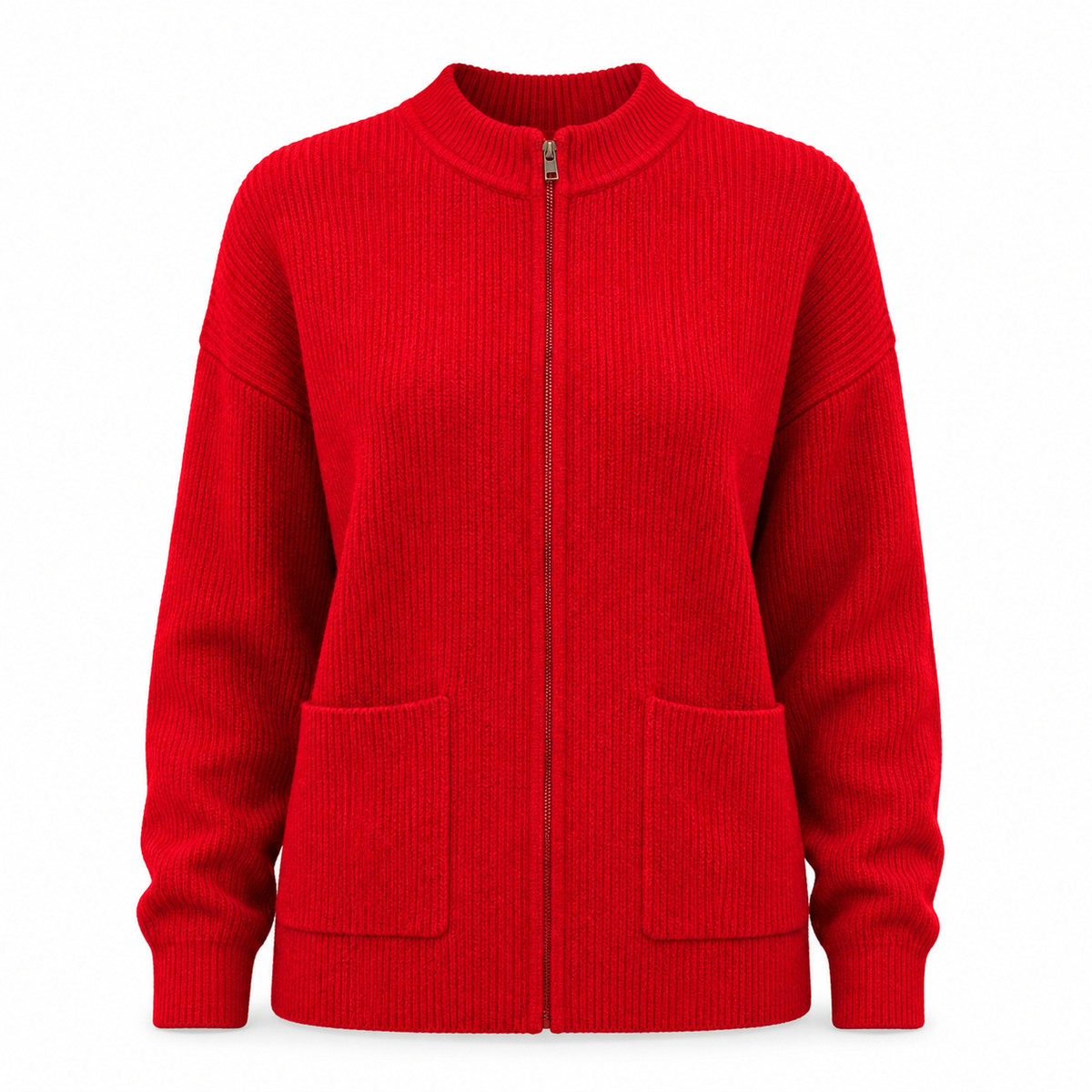 Women's Zip Up Knit Jacket Cozy Round Neck Sweater Pockets